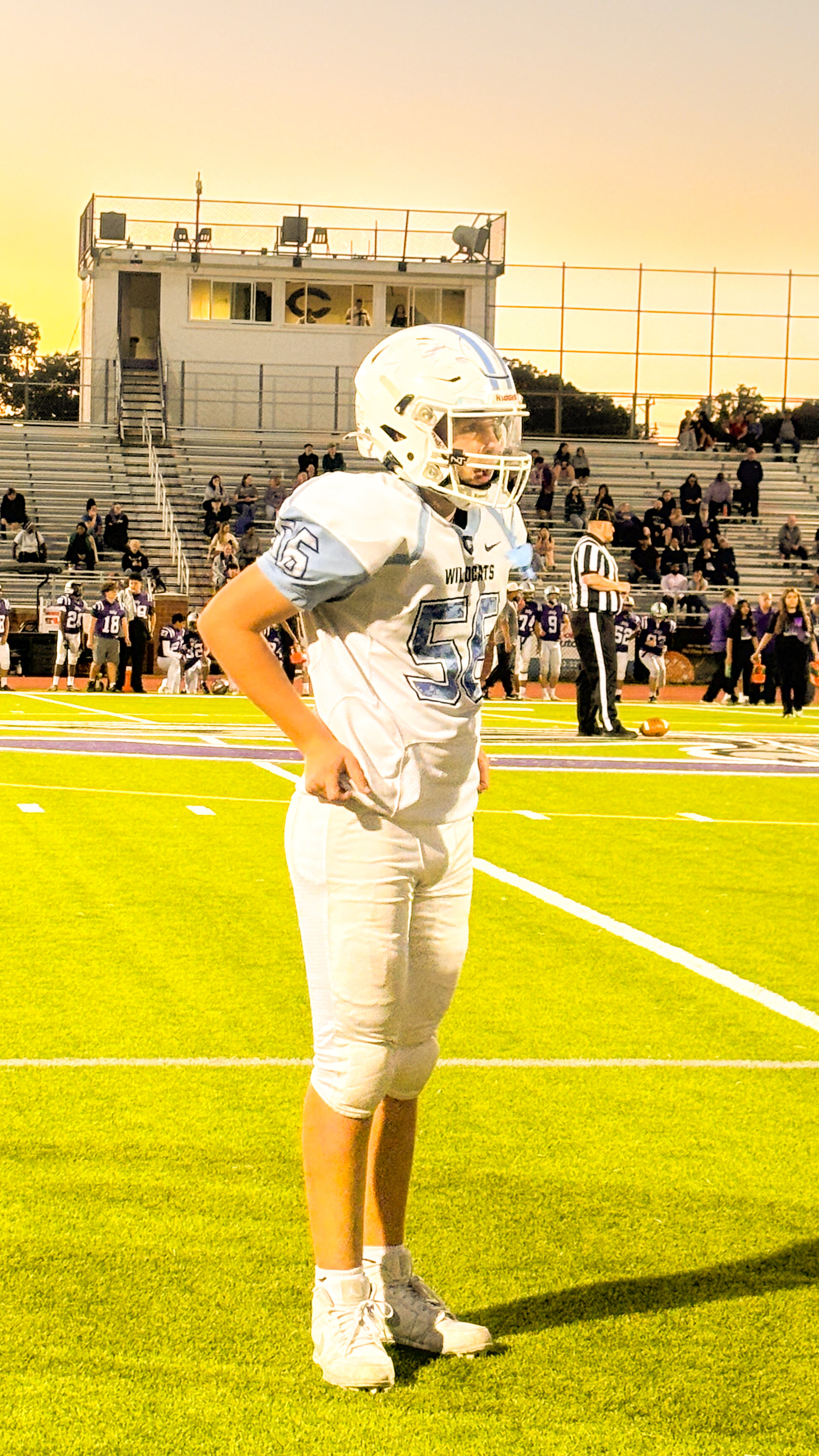 A football player stands on the field during a game, wearing a white helmet and jersey with the number 56, while spectators watch from the stands.