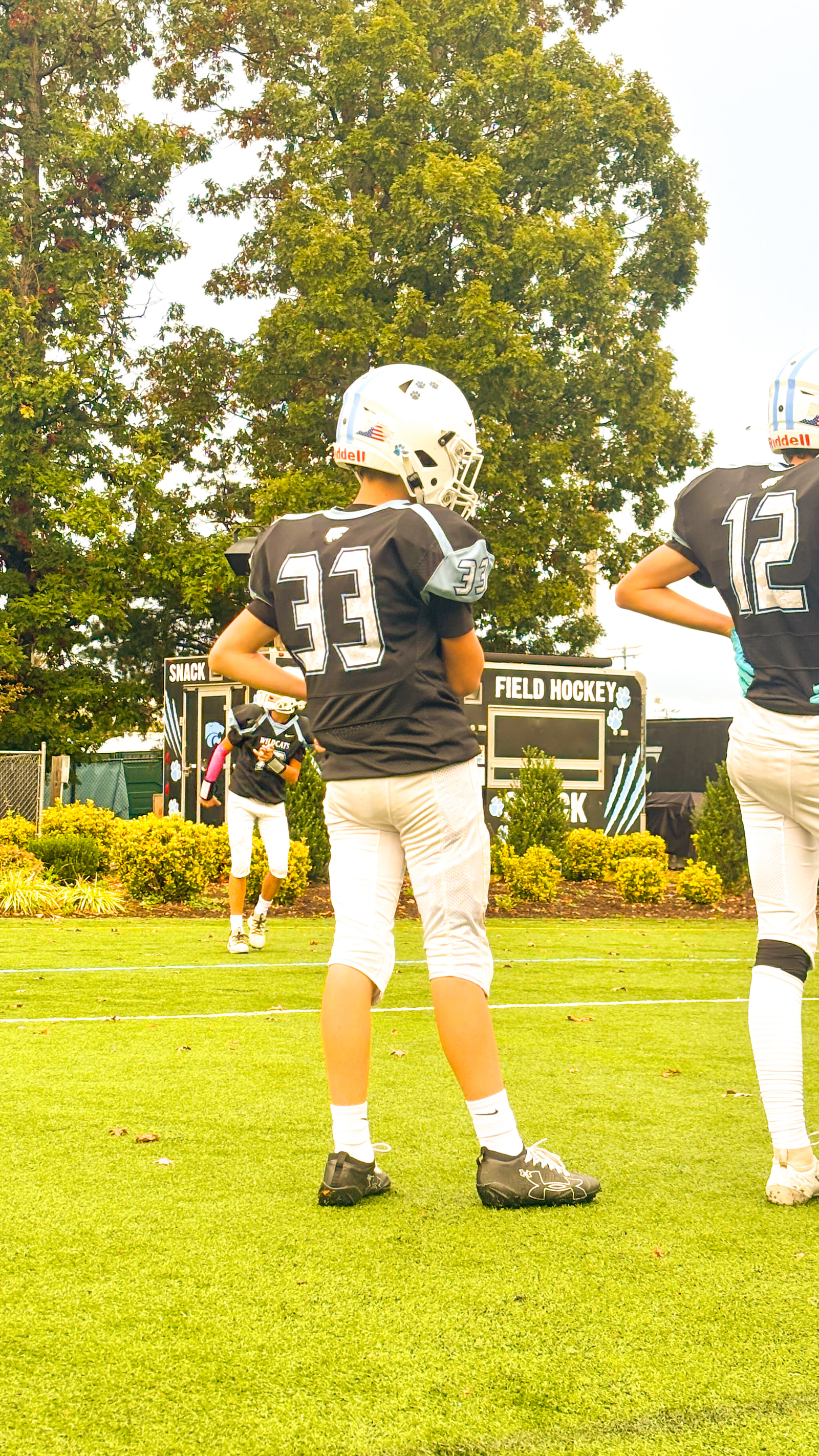 Three young athletes in helmets and jerseys stand on a grassy field, with one in the foreground facing away and two others in the background.